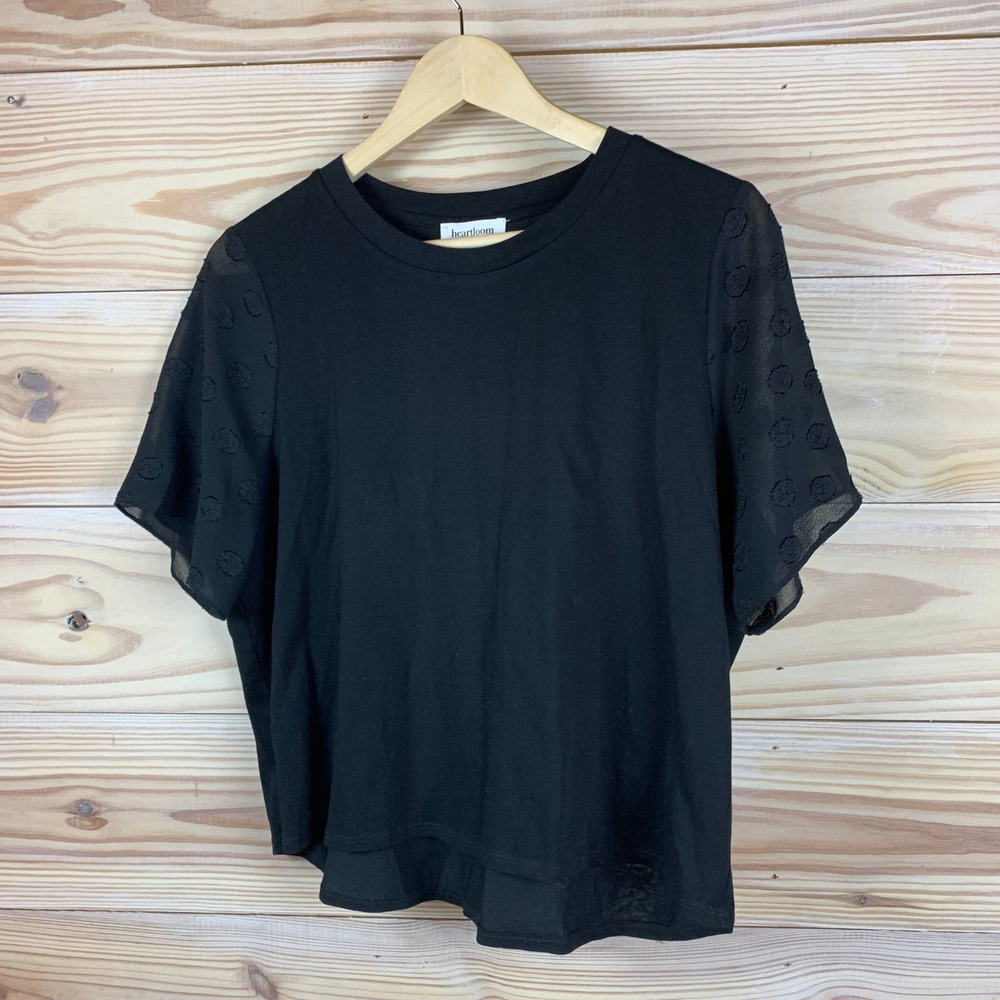 Heartloom USA Top Women Large Black Boxy Sheer Polka Dot Sleeve